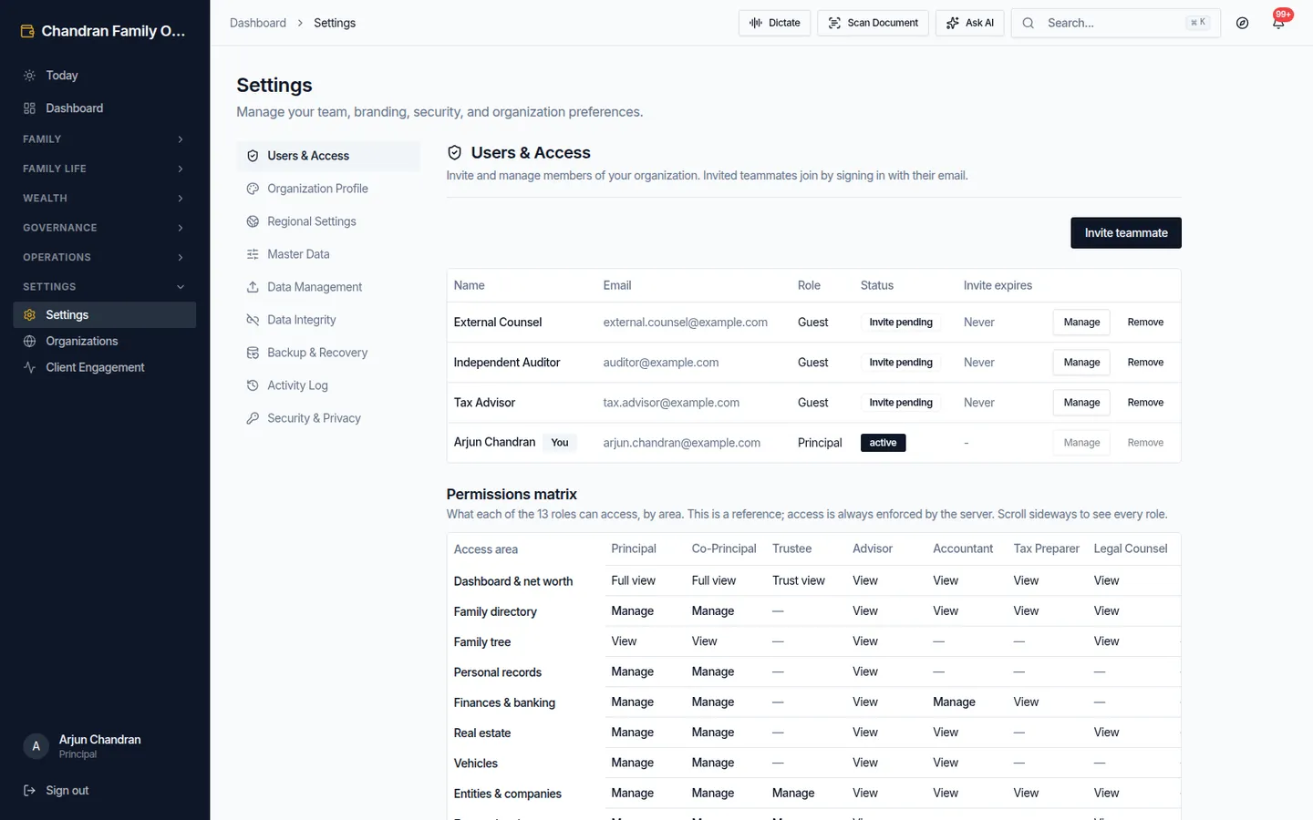 Settings — security, roles, branding and reference data